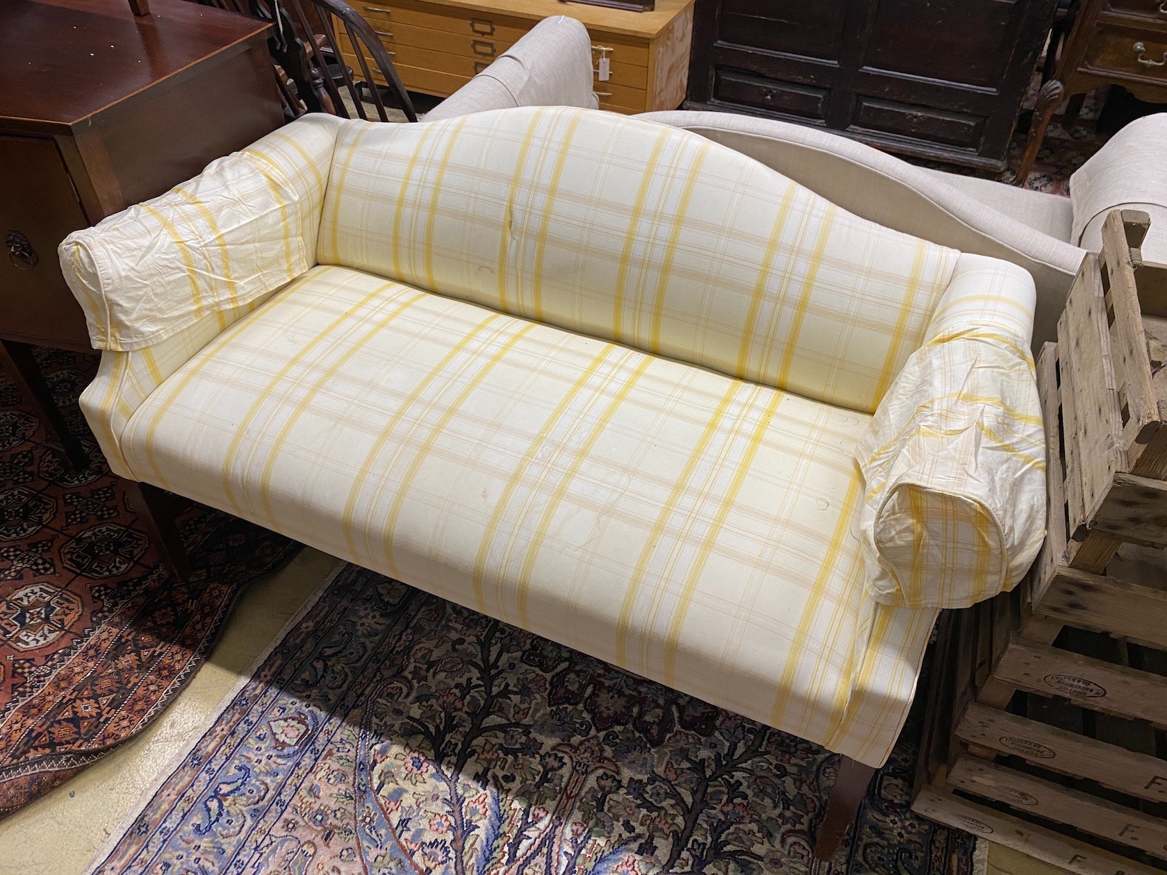 A pair of 19th century upholstered settees on square tapered legs, length 150cm, depth 74cm, height 85cm